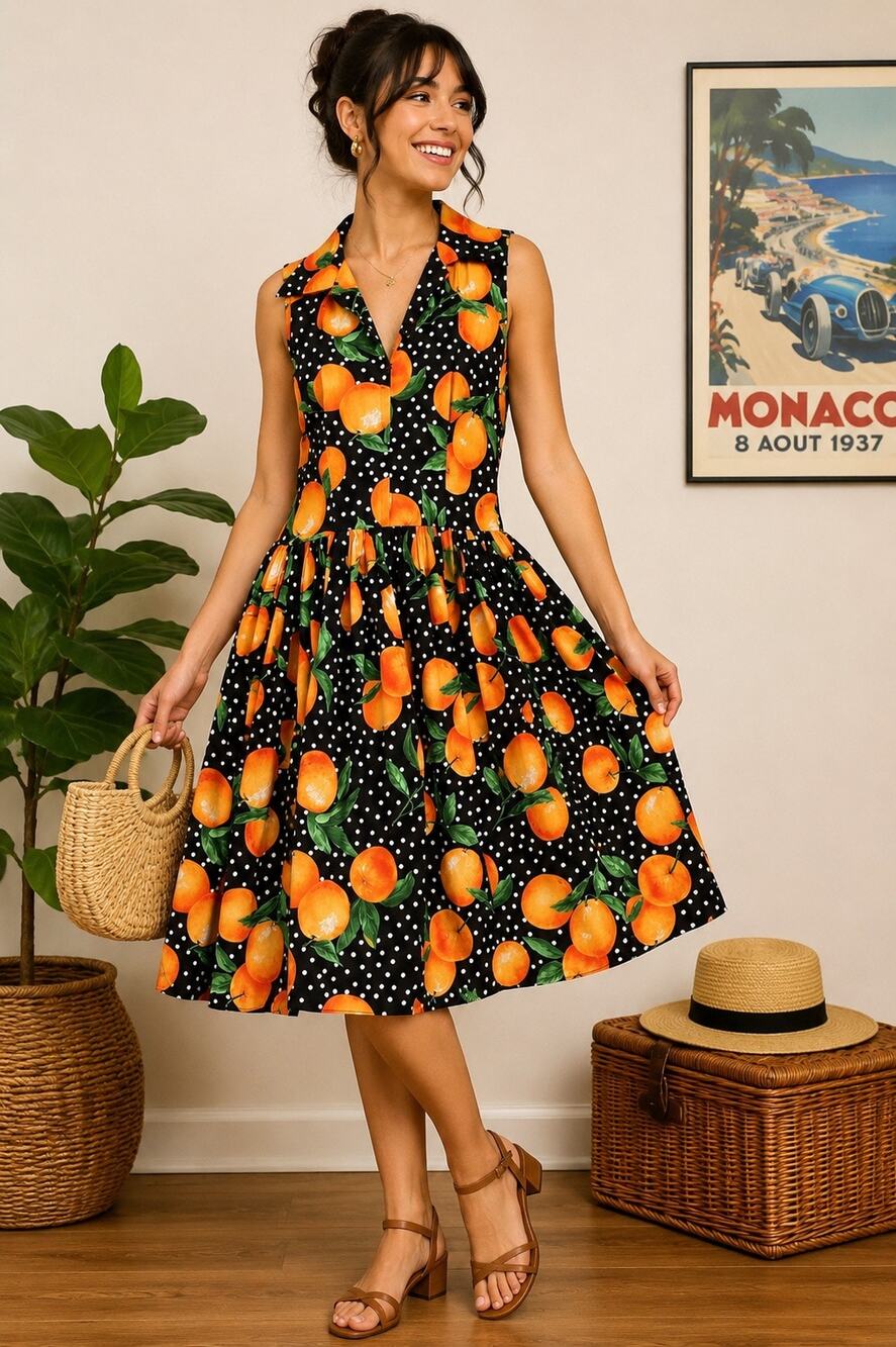 Bernie Dexter “Mari” Dress Orange Citrus Print | Rockabilly Pin-Up | Made in USA